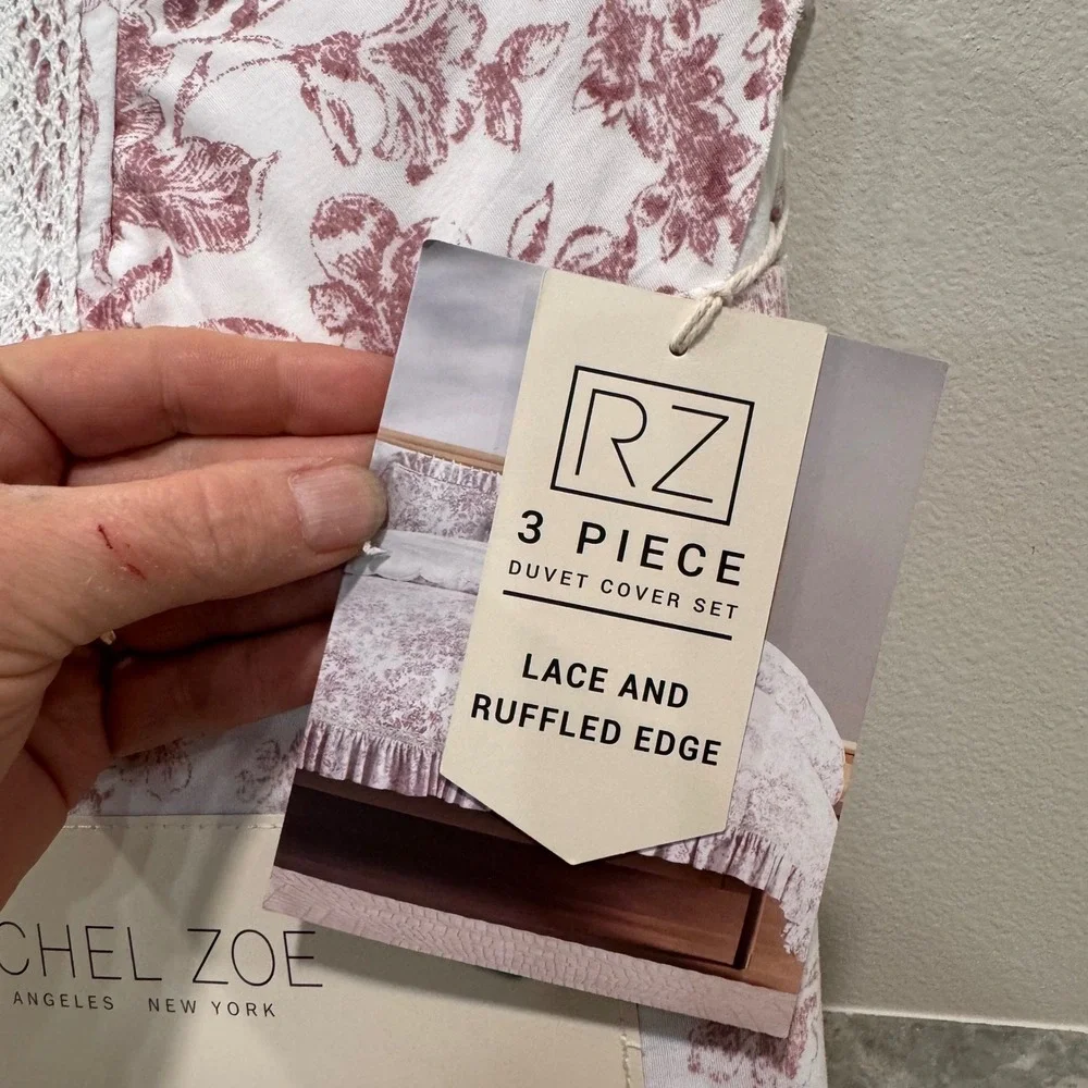 Rachel Zoe King Duvet Set 3pc Lace Ruffled Edge Mauve Floral Toile White NEW